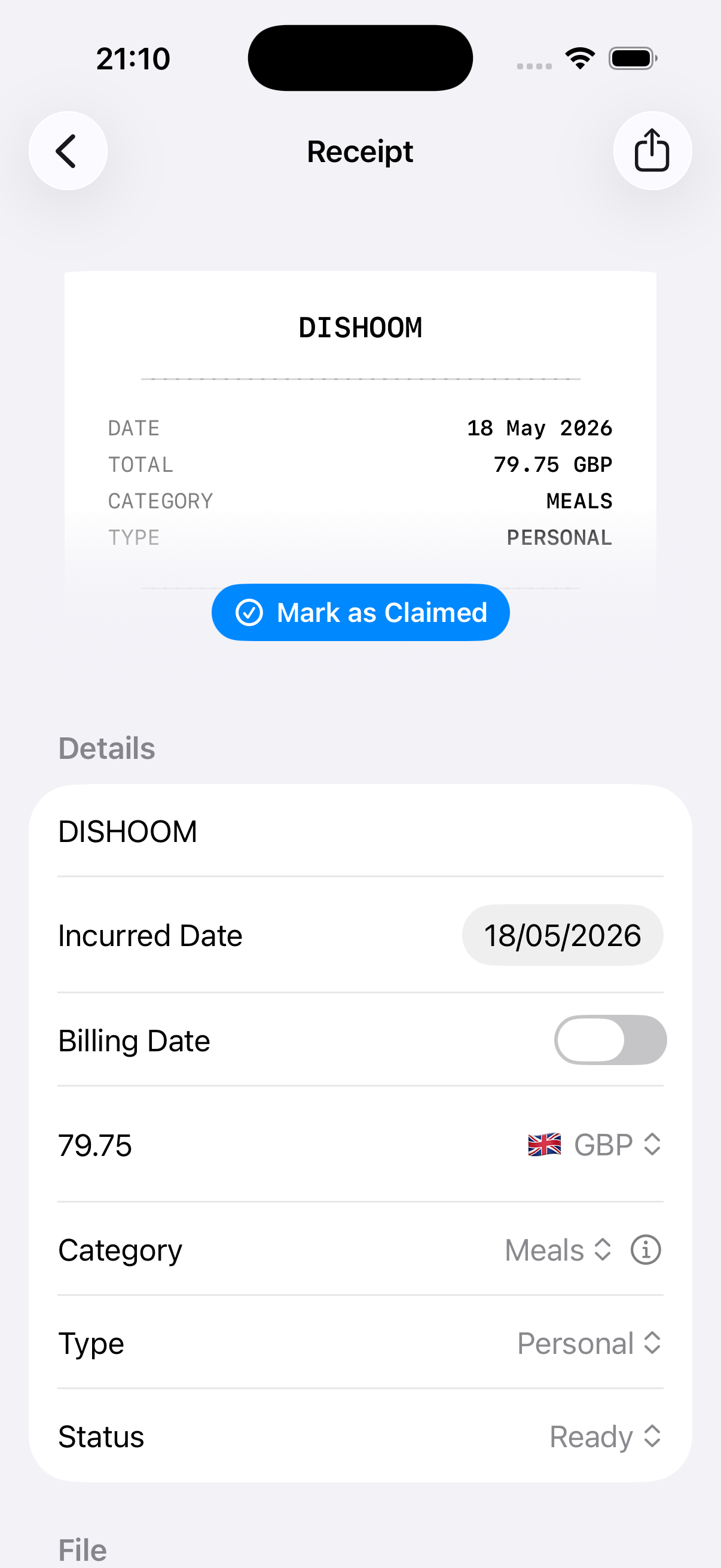Stub app showing a single receipt's extracted details: date, total, category and currency