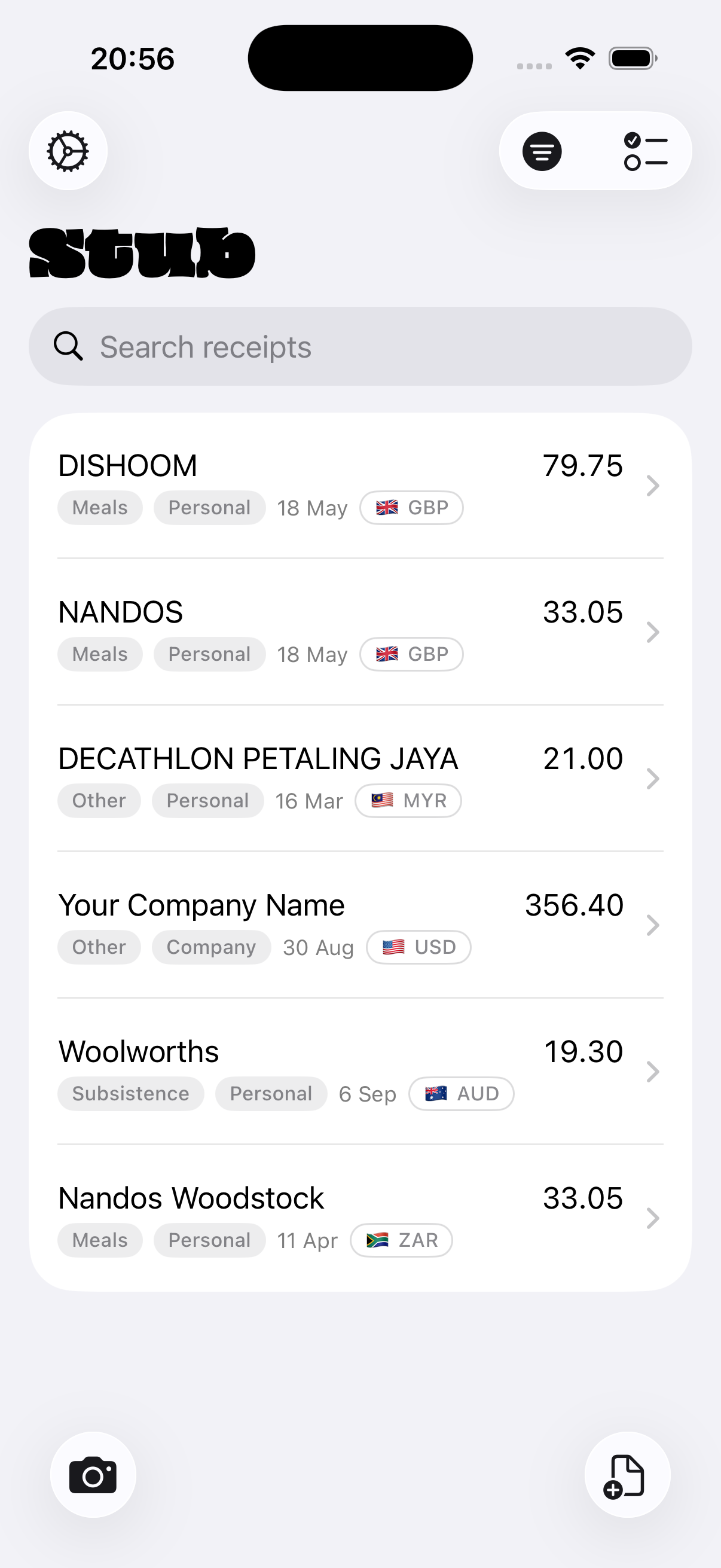 Stub app showing a list of receipts, each with merchant, category, date, amount and currency